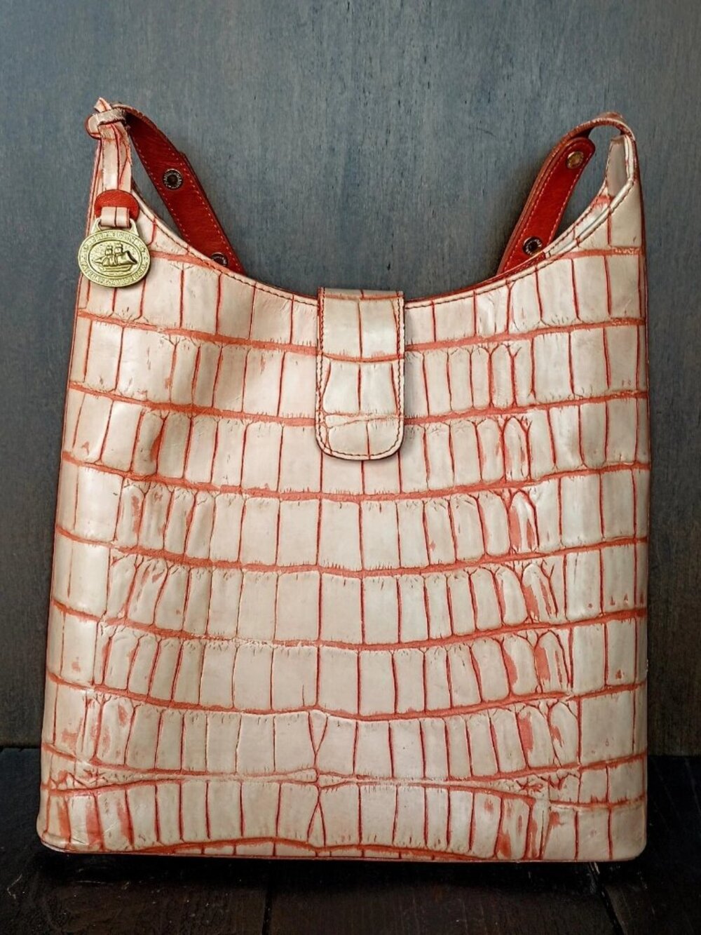 Brahmin Kendall Orange Croc Embossed Leather Shoulder Bag